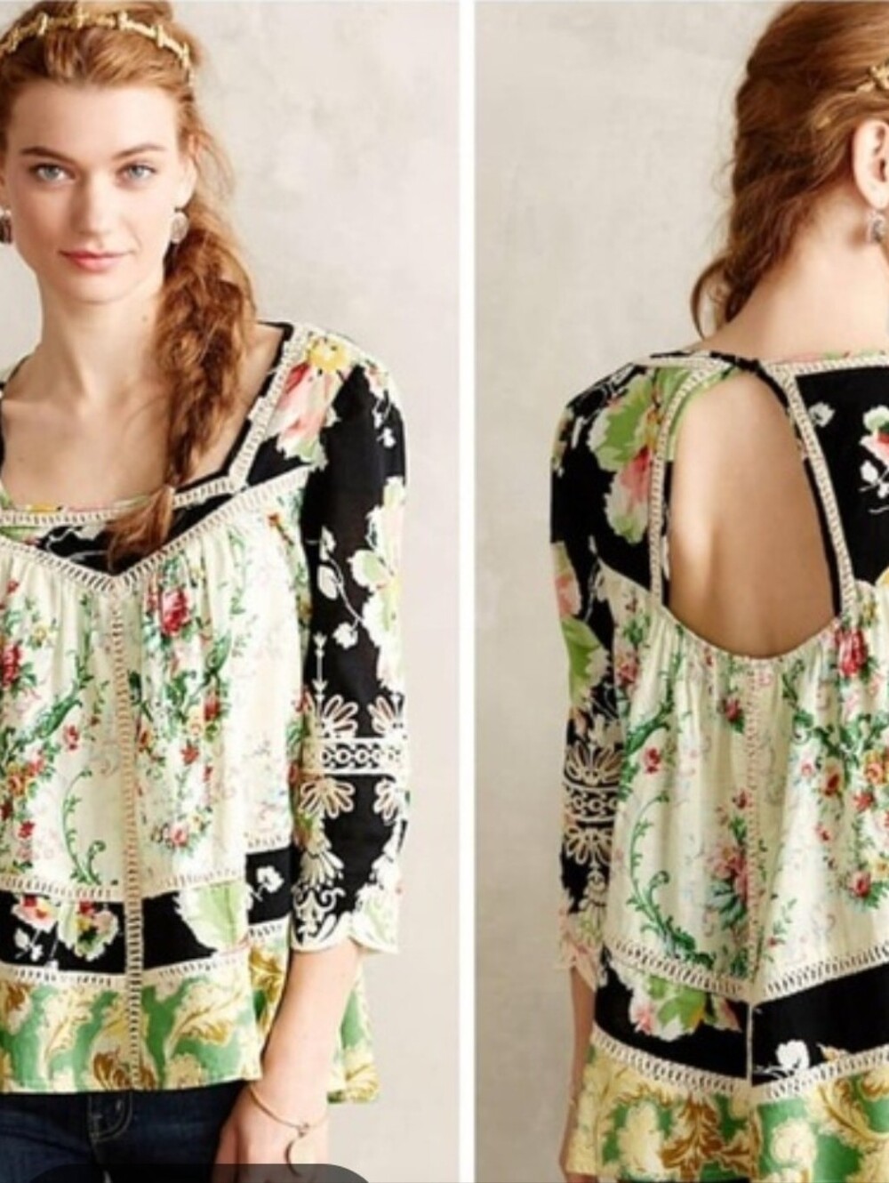 Floral Patchwork Open-Back Blouse - Black & Cream